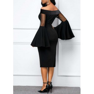 Off Shoulder Flare Sleeve Black Mesh Dress