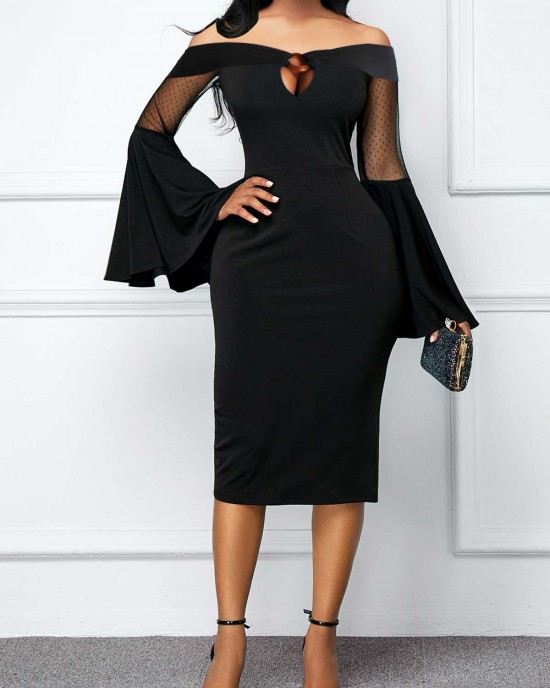 Off Shoulder Flare Sleeve Black Mesh Dress