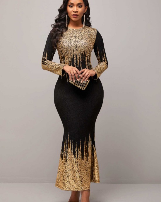 Ombre Long Sleeve Golden Mermaid Dress