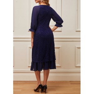 Navy Blue Lace Patchwork V Neck Dress