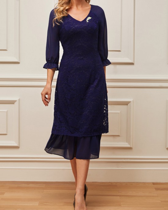 Navy Blue Lace Patchwork V Neck Dress