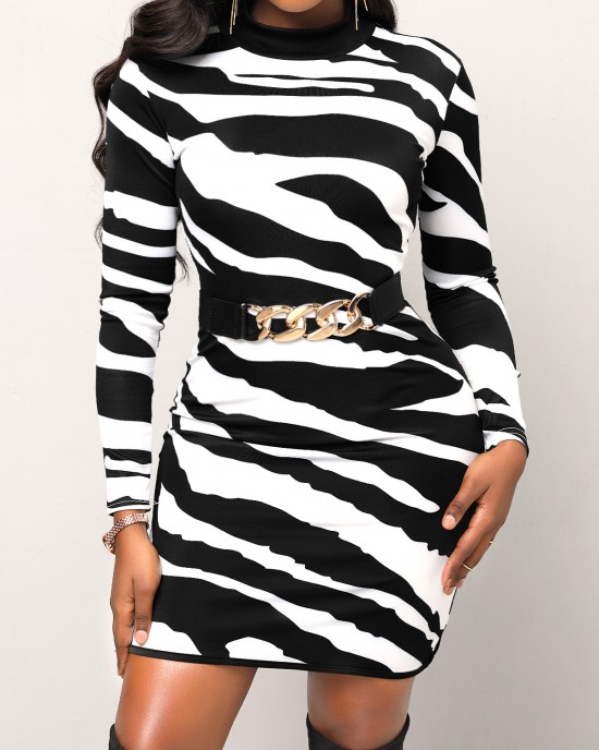 Zebra Long Sleeve Stripe Print Black Dress