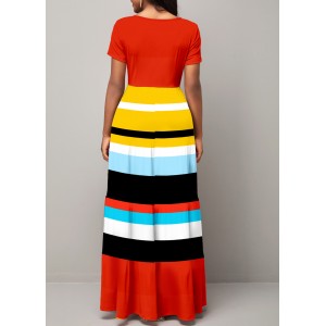 Short Sleeve Round Neck Rainbow Stripe Dress