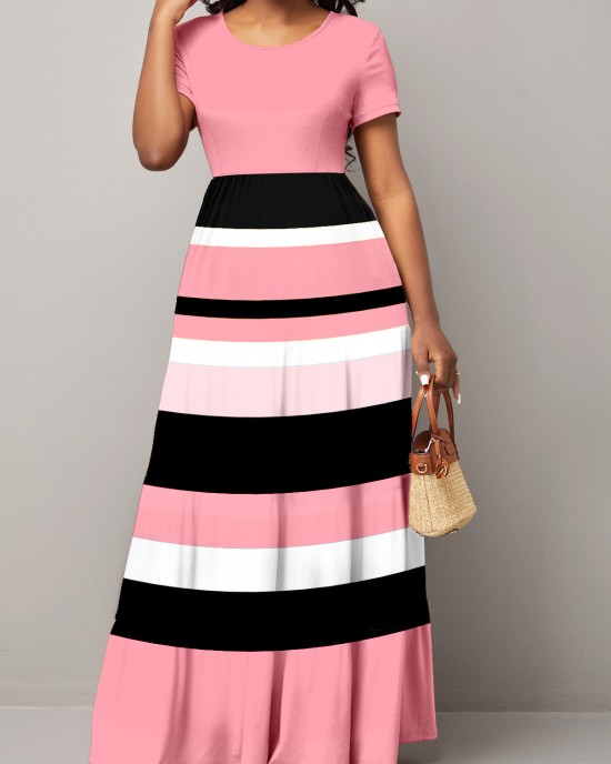 Short Sleeve Round Neck Rainbow Stripe Dress