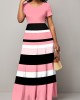 Short Sleeve Round Neck Rainbow Stripe Dress