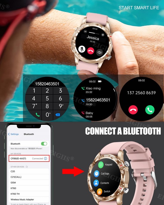 NEKTOM 1.32'' Full Touch Screen Answer Dial Call Sports Smartwatch CF89