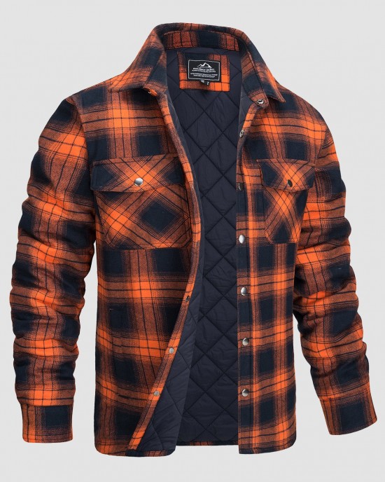 Men's Flannel Shirt Jacket Long Sleeve Quilted Lined Plaid Coat Button Down Thick Outwear for Winter