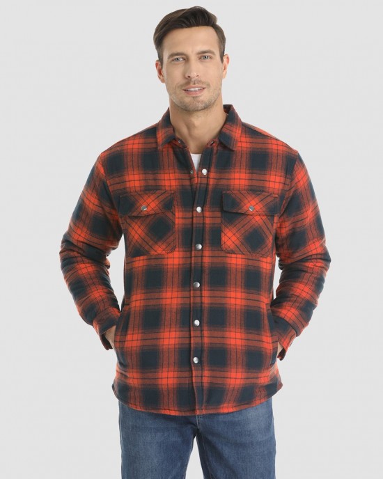 Men's Flannel Shirt Jacket Long Sleeve Quilted Lined Plaid Coat Button Down Thick Outwear for Winter