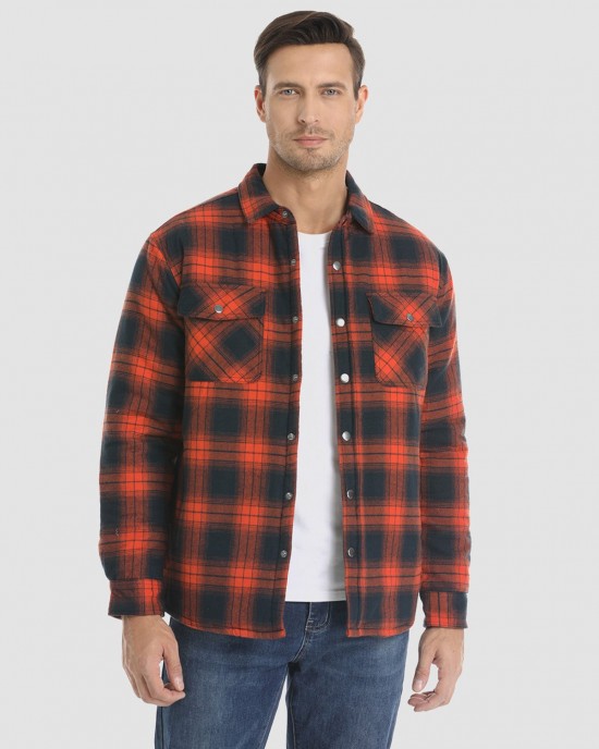 Men's Flannel Shirt Jacket Long Sleeve Quilted Lined Plaid Coat Button Down Thick Outwear for Winter