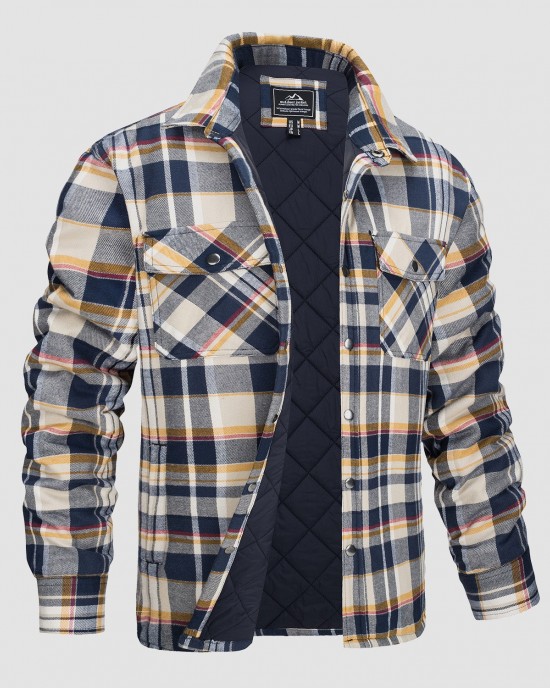 Men's Flannel Shirt Jacket Long Sleeve Quilted Lined Plaid Coat Button Down Thick Outwear for Winter