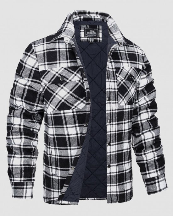 Men's Flannel Shirt Jacket Long Sleeve Quilted Lined Plaid Coat Button Down Thick Outwear for Winter