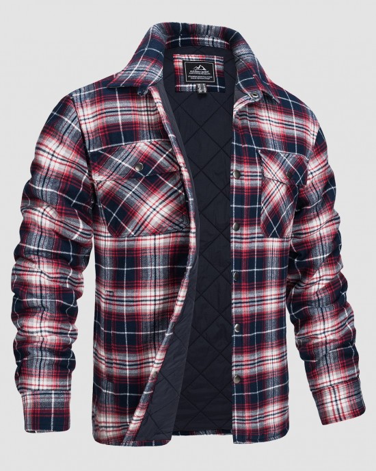 Men's Flannel Shirt Jacket Long Sleeve Quilted Lined Plaid Coat Button Down Thick Outwear for Winter