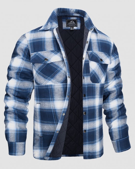 Men's Flannel Shirt Jacket Long Sleeve Quilted Lined Plaid Coat Button Down Thick Outwear for Winter