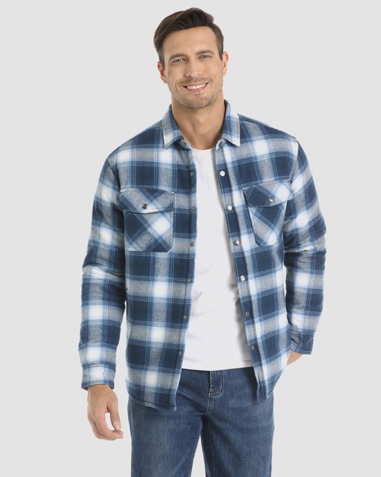 Men's Flannel Shirt Jacket Long Sleeve Quilted Lined Plaid Coat Button Down Thick Outwear for Winter