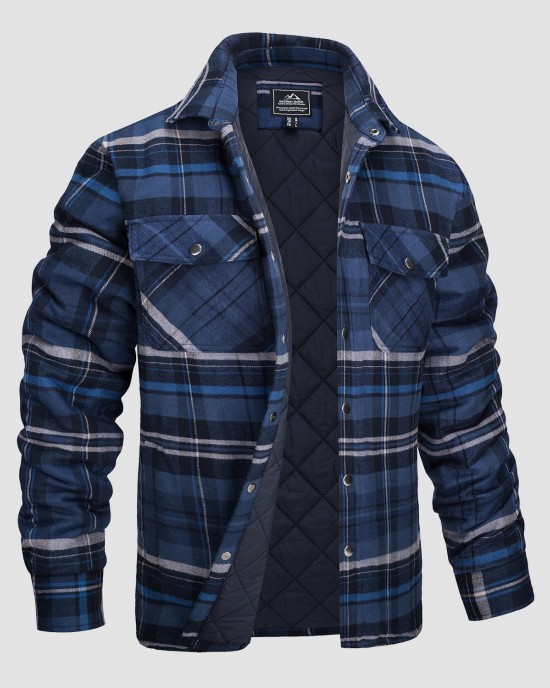 Men's Flannel Shirt Jacket Long Sleeve Quilted Lined Plaid Coat Button Down Thick Outwear for Winter