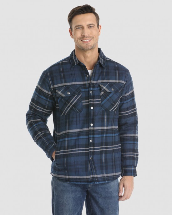 Men's Flannel Shirt Jacket Long Sleeve Quilted Lined Plaid Coat Button Down Thick Outwear for Winter