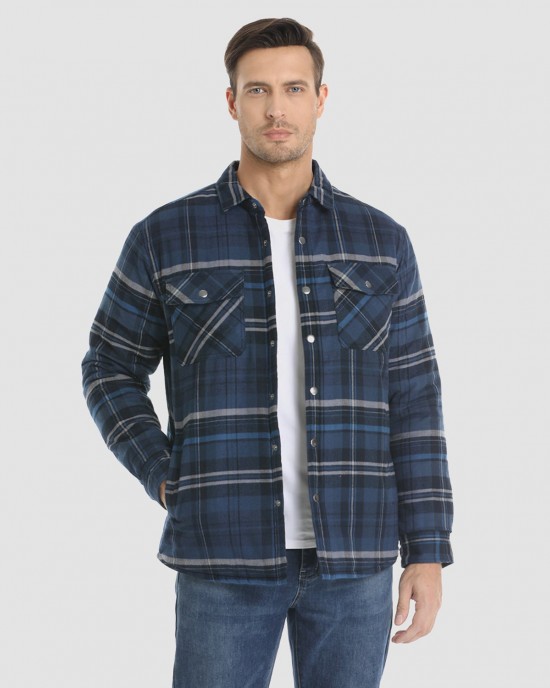 Men's Flannel Shirt Jacket Long Sleeve Quilted Lined Plaid Coat Button Down Thick Outwear for Winter