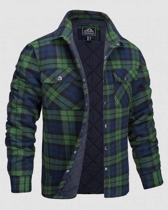 Men's Flannel Shirt Jacket Long Sleeve Quilted Lined Plaid Coat Button Down Thick Outwear for Winter