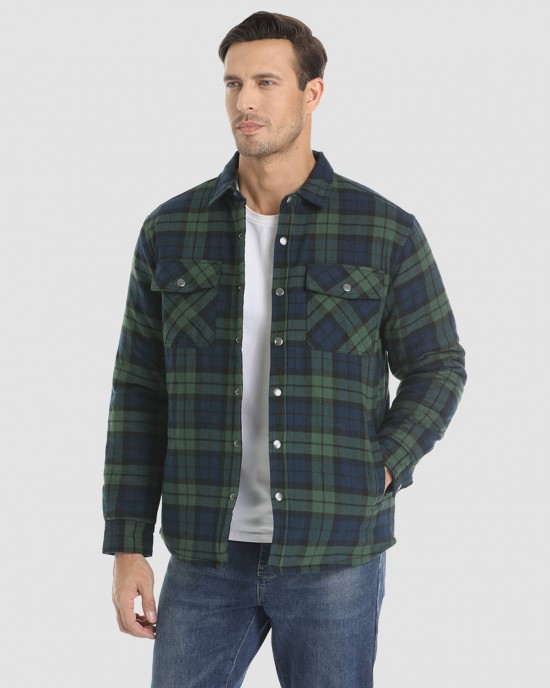 Men's Flannel Shirt Jacket Long Sleeve Quilted Lined Plaid Coat Button Down Thick Outwear for Winter