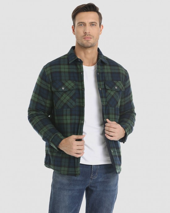 Men's Flannel Shirt Jacket Long Sleeve Quilted Lined Plaid Coat Button Down Thick Outwear for Winter