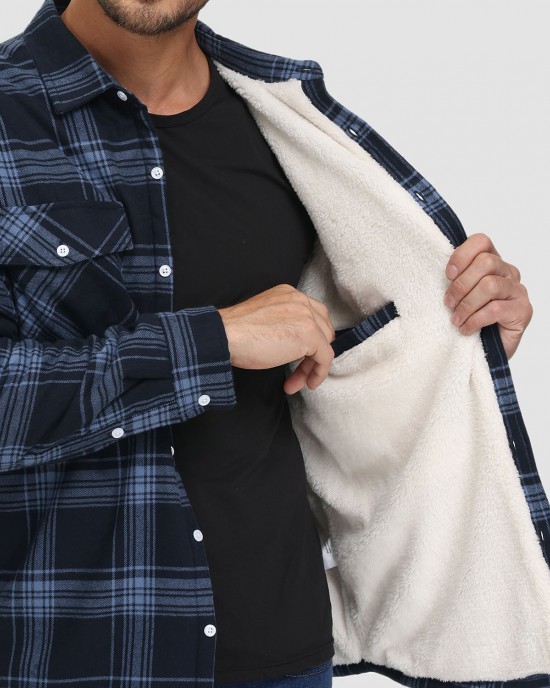 Men's Sherpa Shirt Fleece Lined Flannel Shirt Jacket with 3 Pockets Casual Plaid Button Down Winter Coat