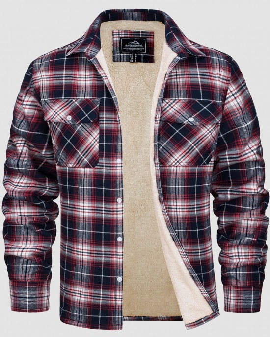 Men's Sherpa Shirt Fleece Lined Flannel Shirt Jacket with 3 Pockets Casual Plaid Button Down Winter Coat