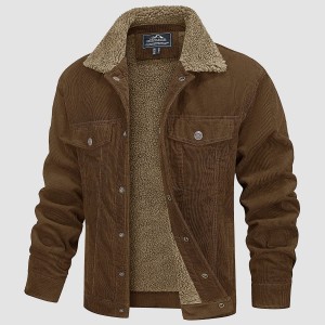 Men's Corduroy Jacket Sherpa Lined Cargo Jackets Cotton Turn Down Collar Winter Warm Casual Work Coat with 5 Pockets