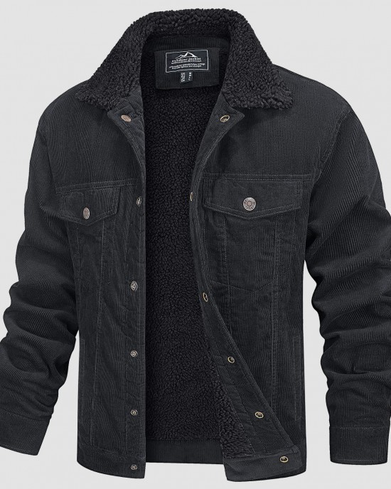 Men's Corduroy Jacket Sherpa Lined Cargo Jackets Cotton Turn Down Collar Winter Warm Casual Work Coat with 5 Pockets