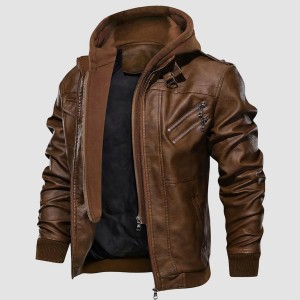 Men's Stand Collar PU Faux Leather Jacket 6 Pockets Motorcycle Bomber Fall Winter Jacket with a Removable Hood