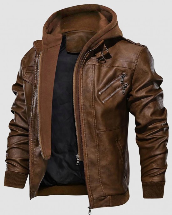 Men's Stand Collar PU Faux Leather Jacket 6 Pockets Motorcycle Bomber Fall Winter Jacket with a Removable Hood