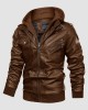 Men's Stand Collar PU Faux Leather Jacket 6 Pockets Motorcycle Bomber Fall Winter Jacket with a Removable Hood