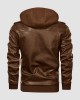 Men's Stand Collar PU Faux Leather Jacket 6 Pockets Motorcycle Bomber Fall Winter Jacket with a Removable Hood