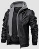 Men's Stand Collar PU Faux Leather Jacket 6 Pockets Motorcycle Bomber Fall Winter Jacket with a Removable Hood