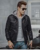 Men's Stand Collar PU Faux Leather Jacket 6 Pockets Motorcycle Bomber Fall Winter Jacket with a Removable Hood