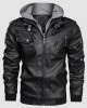 Men's Stand Collar PU Faux Leather Jacket 6 Pockets Motorcycle Bomber Fall Winter Jacket with a Removable Hood