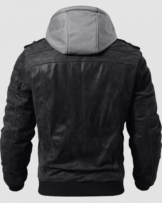 Men's Stand Collar PU Faux Leather Jacket 6 Pockets Motorcycle Bomber Fall Winter Jacket with a Removable Hood