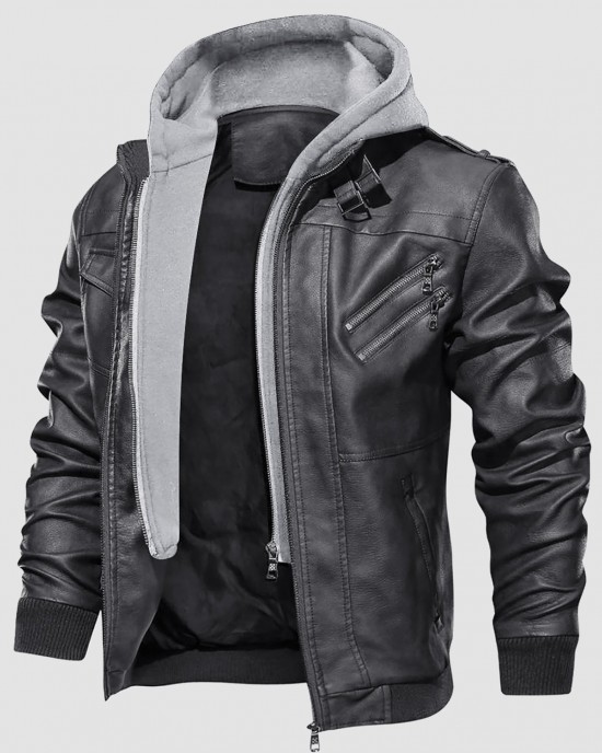 Men's Stand Collar PU Faux Leather Jacket 6 Pockets Motorcycle Bomber Fall Winter Jacket with a Removable Hood