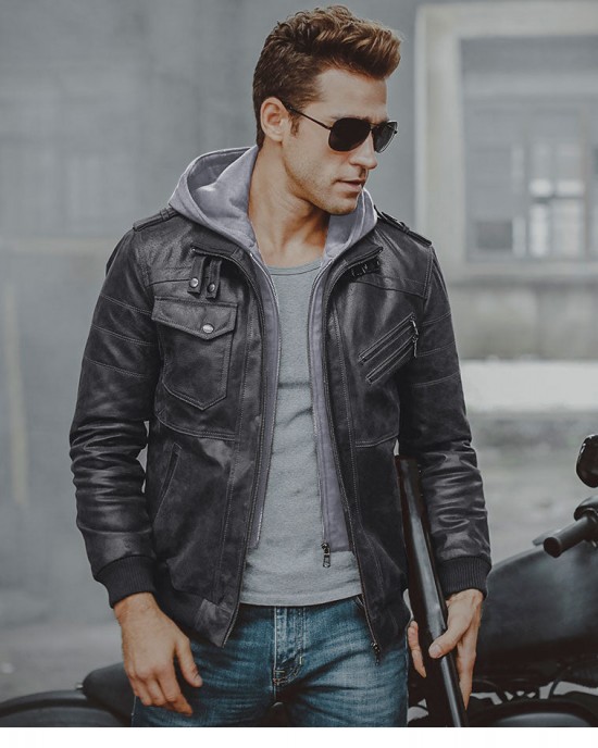 Men's Stand Collar PU Faux Leather Jacket 6 Pockets Motorcycle Bomber Fall Winter Jacket with a Removable Hood