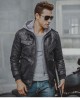 Men's Stand Collar PU Faux Leather Jacket 6 Pockets Motorcycle Bomber Fall Winter Jacket with a Removable Hood