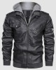 Men's Stand Collar PU Faux Leather Jacket 6 Pockets Motorcycle Bomber Fall Winter Jacket with a Removable Hood