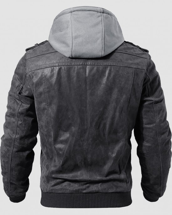 Men's Stand Collar PU Faux Leather Jacket 6 Pockets Motorcycle Bomber Fall Winter Jacket with a Removable Hood