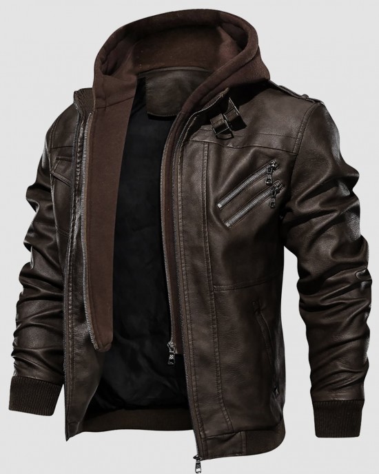 Men's Stand Collar PU Faux Leather Jacket 6 Pockets Motorcycle Bomber Fall Winter Jacket with a Removable Hood