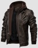 Men's Stand Collar PU Faux Leather Jacket 6 Pockets Motorcycle Bomber Fall Winter Jacket with a Removable Hood