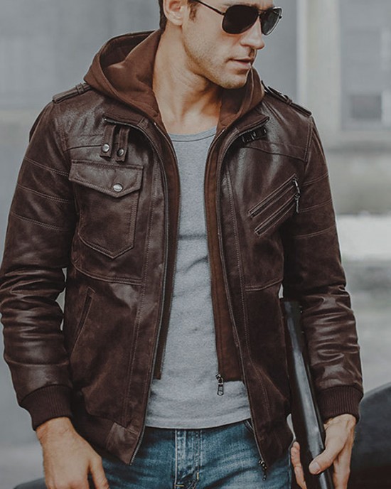 Men's Stand Collar PU Faux Leather Jacket 6 Pockets Motorcycle Bomber Fall Winter Jacket with a Removable Hood