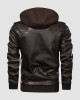 Men's Stand Collar PU Faux Leather Jacket 6 Pockets Motorcycle Bomber Fall Winter Jacket with a Removable Hood