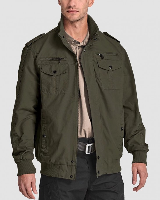 Men's Casual Jacket Lightweight Tactical Cargo Jackets Stand Collar Combat Jacket