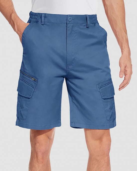 Men Classic Cargo Lightweight Many Pockets Work Elastic Waist Casual Cotton Comfortable Shorts