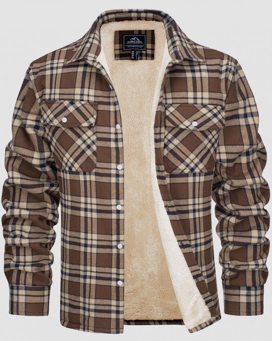 Men's Sherpa Shirt Fleece Lined Flannel Shirt Jacket with 3 Pockets Casual Plaid Button Down Winter Coat