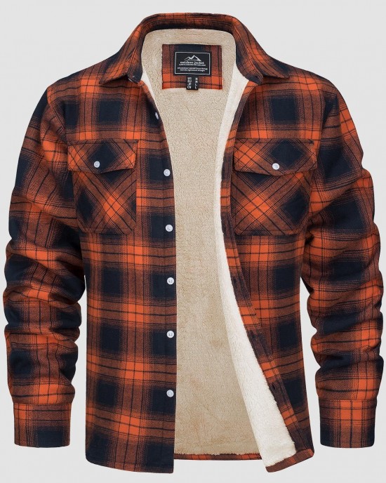 Men's Sherpa Shirt Fleece Lined Flannel Shirt Jacket with 3 Pockets Casual Plaid Button Down Winter Coat