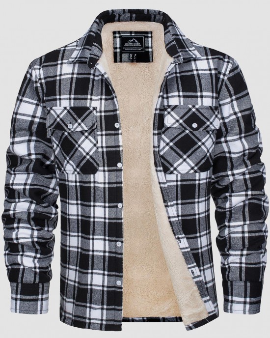 Men's Sherpa Shirt Fleece Lined Flannel Shirt Jacket with 3 Pockets Casual Plaid Button Down Winter Coat